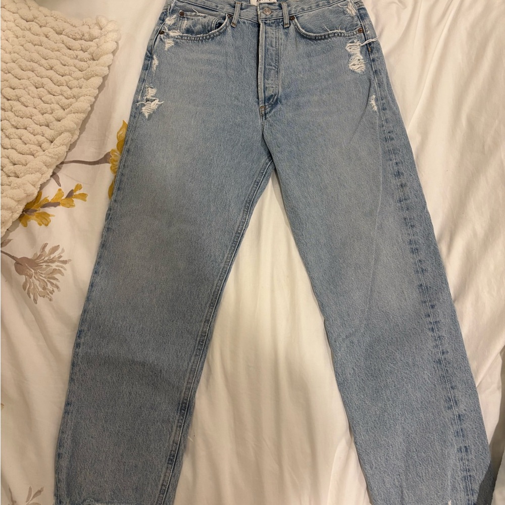 Agolde Light Blue Distressed Straight Leg Jeans